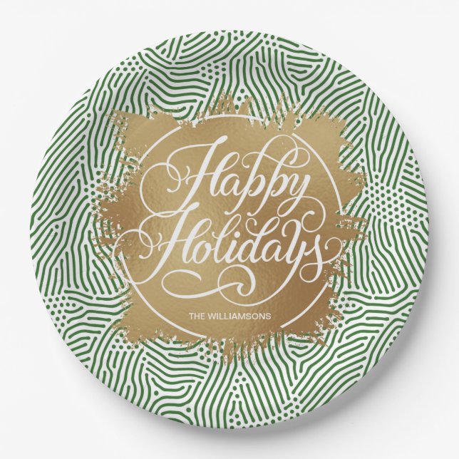 Modern Gold Faux Foil Happy Holidays Green Paper Plate (Front)