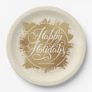 Modern Gold Faux Foil Happy Holidays Ivory Paper Plate