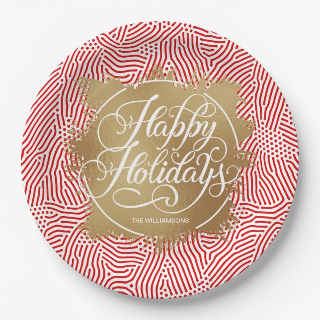 Modern Gold Faux Foil Happy Holidays Red Paper Plate (Front)
