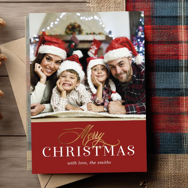 Modern Gold Faux Foil Photo Holiday Card (Wishing you a Merry Christmas ✨ Send your love with this elegant family photo holiday card.)