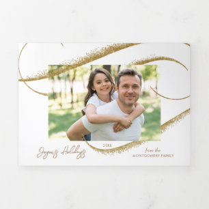 Modern Gold Faux Glitter Brush Stroke Photo  Tri-Fold Holiday Card