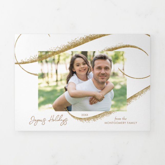 Modern Gold Faux Glitter Brush Stroke Photo  Tri-Fold Holiday Card (Cover)