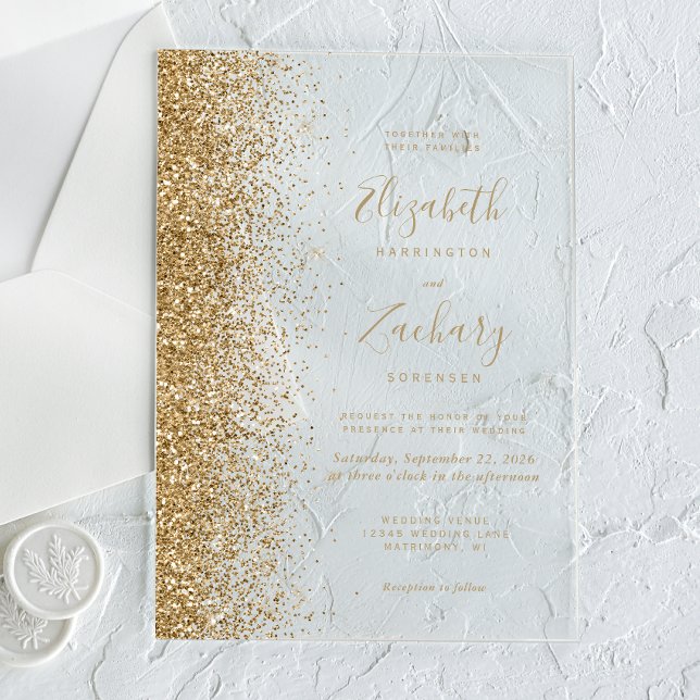 Modern Gold Faux Glitter Edge Wedding Acrylic Invitations (Creator Uploaded)