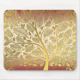 Modern Gold Faux Leaf Tree Of Life Glitter Peach  Mouse Mat