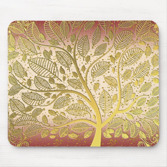Modern Gold Faux Leaf Tree Of Life Glitter Peach  Mouse Mat (Front)