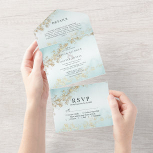 Modern Gold Flecks Teal Mist Watercolor Wedding All In One Invitation