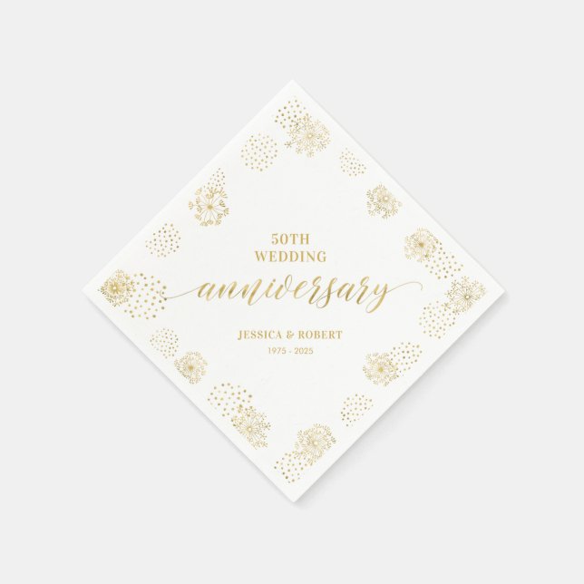 Modern Gold Floral 50th Wedding Anniversary Party Napkin (Corner)