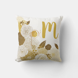 Modern Gold Floral and Monogram Cushion