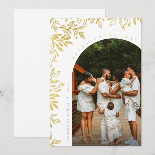 Modern Gold Floral Arch Family Photo Holiday Card (Front/Back)