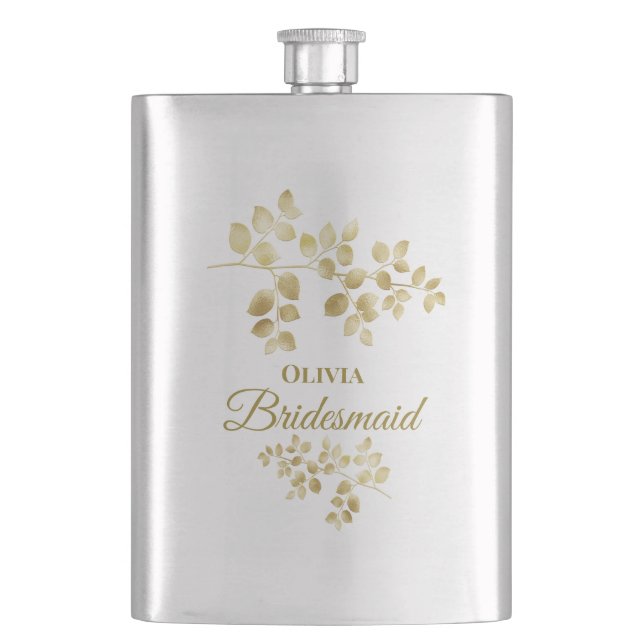 Modern Gold Floral Bridesmaid Hip Flask (Front)
