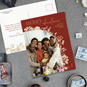 Modern Gold Floral Classic Red Christmas Postcard 