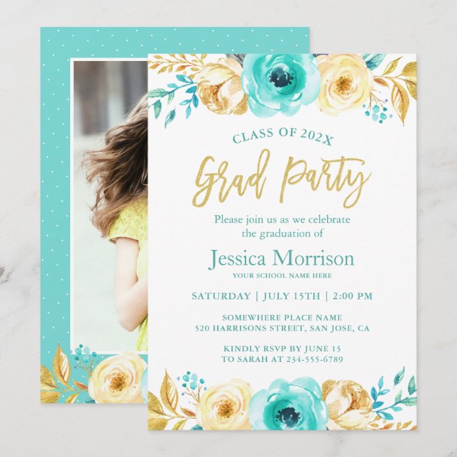 Modern Gold Floral Girly Graduation Party Photo Invitation (Front/Back)