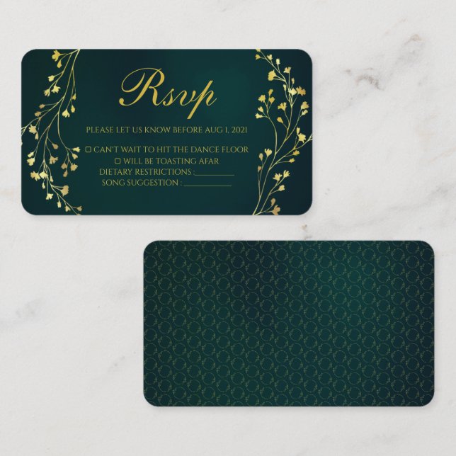 Modern Gold Floral Green Wedding Rsvp Card (Front/Back)