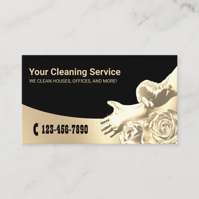 Modern Gold Floral House Keeping Cleaning Service Business Card (Front)