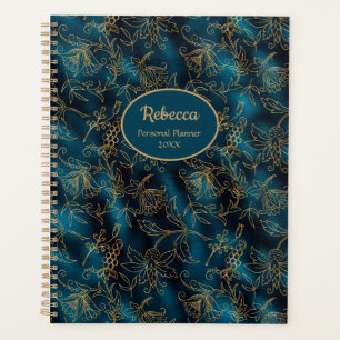 Modern Gold Floral Teal Blue Personalise Planner
