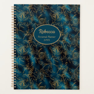 Modern Gold Floral Teal Blue Personalise Planner