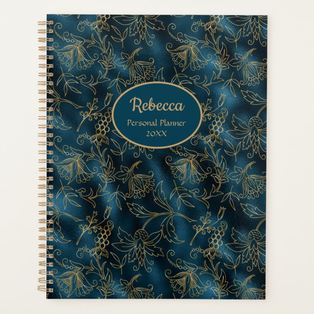 Modern Gold Floral Teal Blue Personalise Planner (Front)