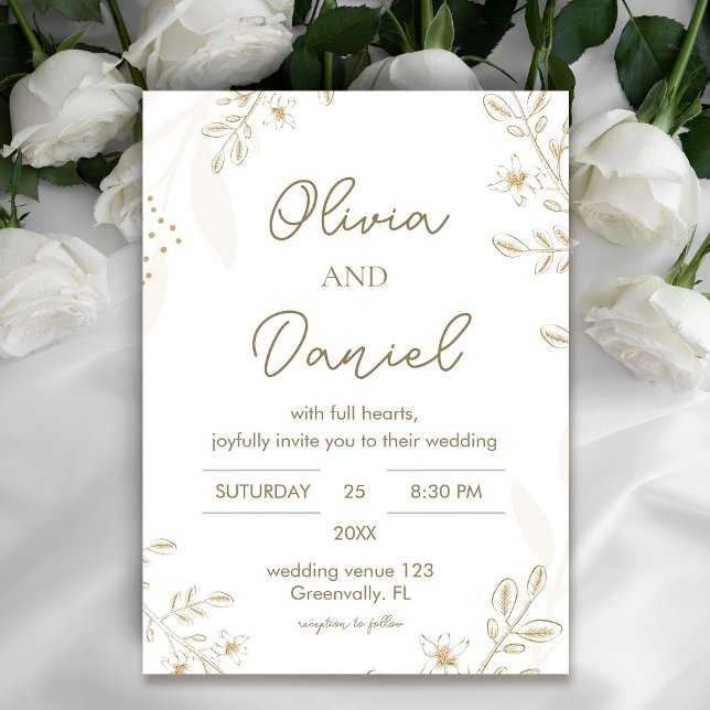 Modern Gold Floral Wedding invitation  (Modern Gold Floral Wedding invitation #zazzlemade #whitefloralinvitation #whitegoldinvitation)