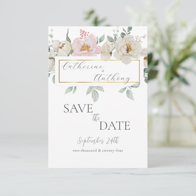 Modern Gold Floral Wedding  Save The Date (Standing Front)
