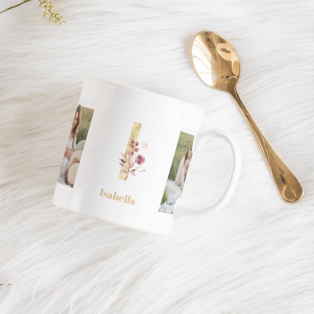Modern Gold Flower Letter I | Two Photo Monogram  Coffee Mug (Creator Uploaded)