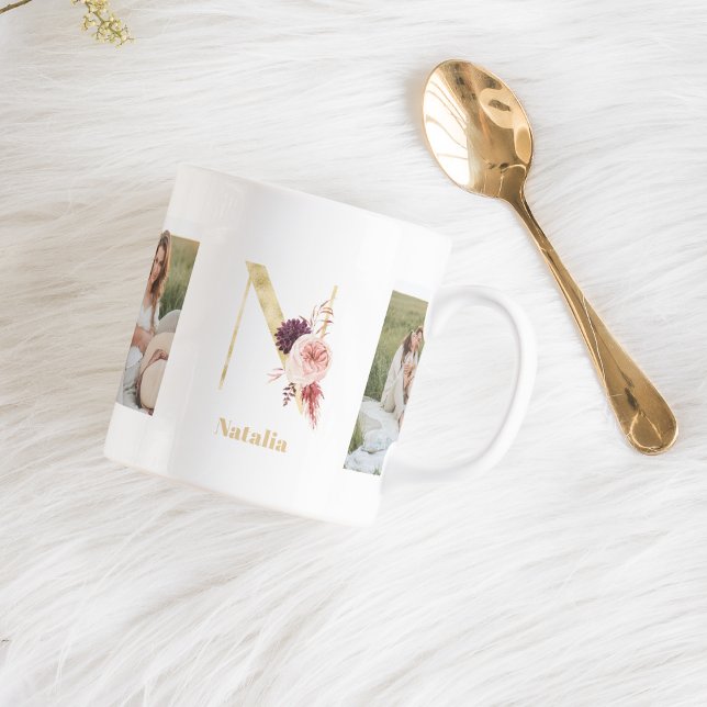 Modern Gold Flower Letter N | Two Photo Monogram Coffee Mug (Creator Uploaded)