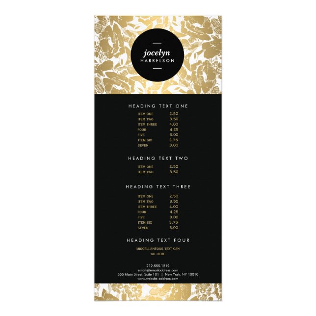 Modern Gold Flowers Black Circle II Rack Card (Front)