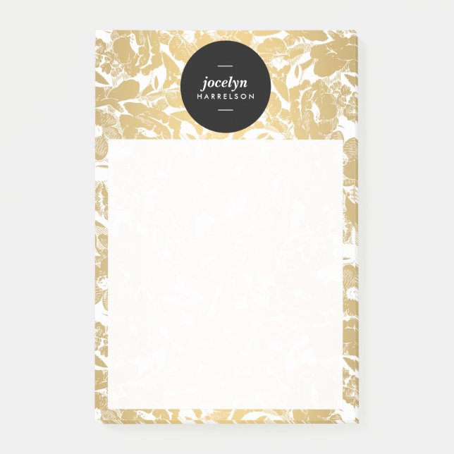 Modern Gold Flowers Black Circle Post-it Notes (Front)