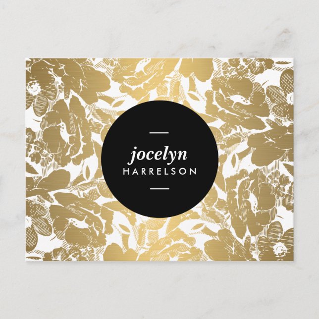 Modern Gold Flowers Black Circle Postcard (Front)