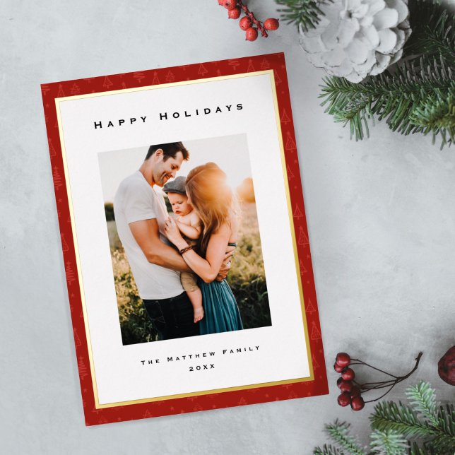 Modern Gold Foil and Red Border Family Photo Foil Holiday Card (Creator Uploaded)