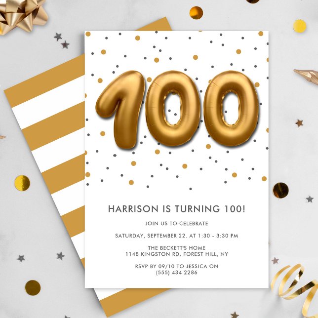 Modern Gold Foil Balloon 100th Birthday Invitation (Creator Uploaded)