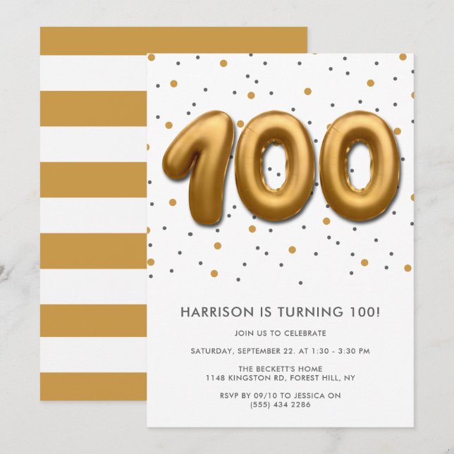 Modern Gold Foil Balloon 100th Birthday Invitation (Front/Back)