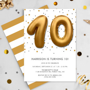 Modern Gold Foil Balloon 10th Birthday Invitation