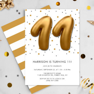 Modern Gold Foil Balloon 11th Birthday Invitation