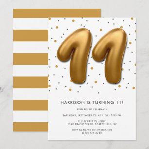 Modern Gold Foil Balloon 11th Birthday Invitation