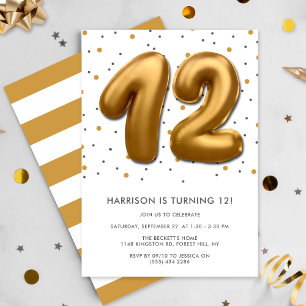 Modern Gold Foil Balloon 12th Birthday Invitation