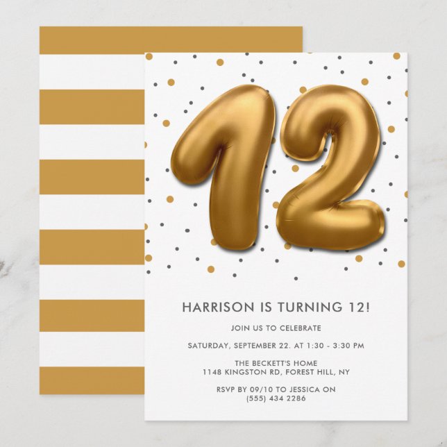 Modern Gold Foil Balloon 12th Birthday Invitation (Front/Back)