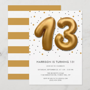 Modern Gold Foil Balloon 13th Birthday Invitation
