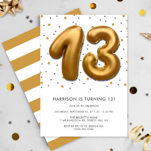 Modern Gold Foil Balloon 13th Birthday Invitation