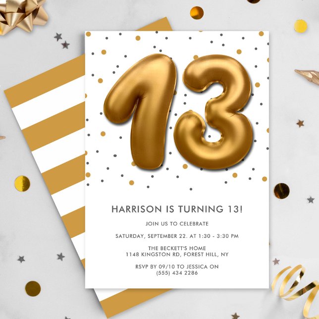 Modern Gold Foil Balloon 13th Birthday Invitation (Creator Uploaded)