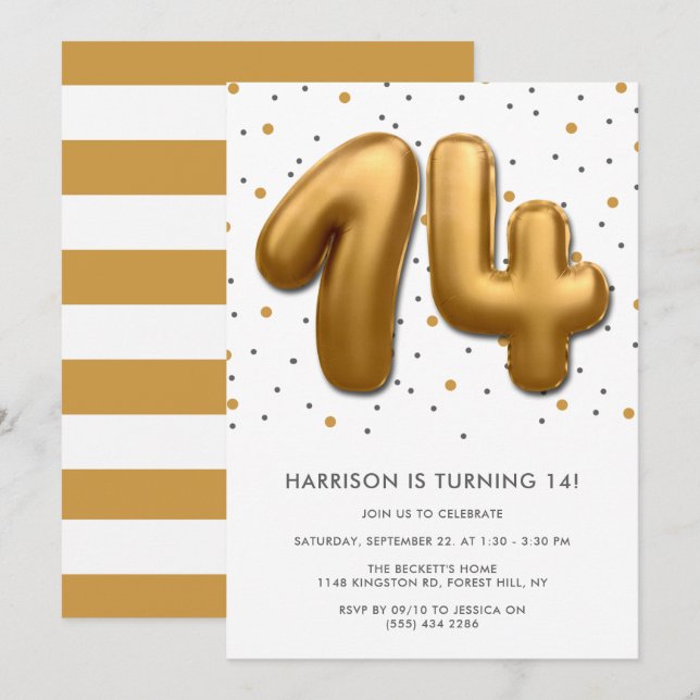 Modern Gold Foil Balloon 14th Birthday Invitation (Front/Back)