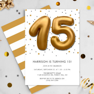 Modern Gold Foil Balloon 15th Birthday Invitation