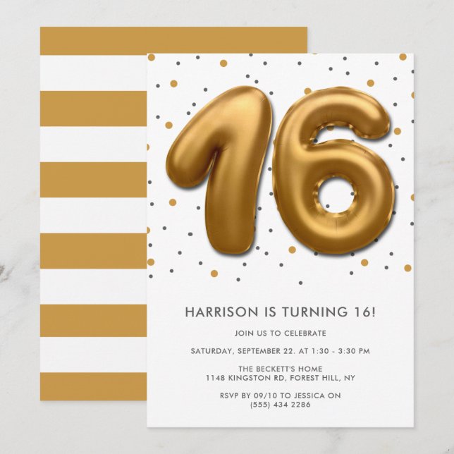 Modern Gold Foil Balloon 16th Birthday Invitation (Front/Back)