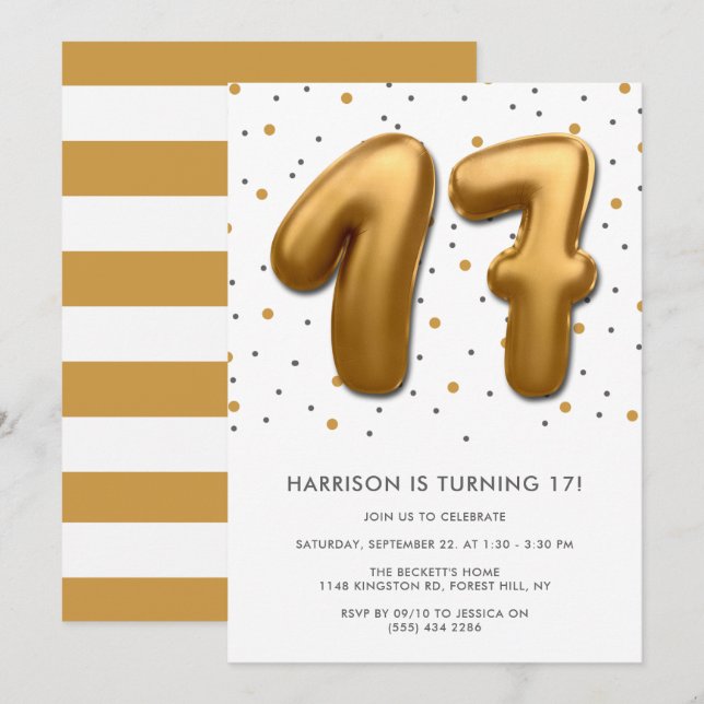 Modern Gold Foil Balloon 17th Birthday Invitation (Front/Back)