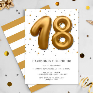Modern Gold Foil Balloon 18th Birthday Invitation