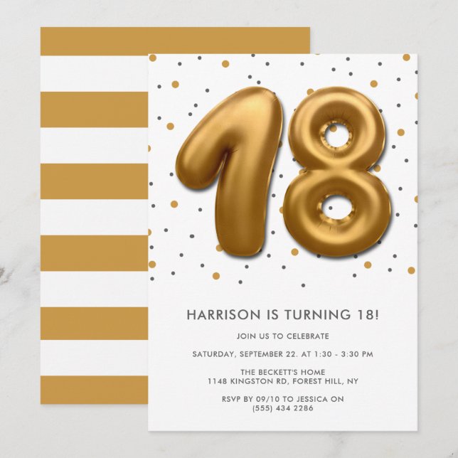 Modern Gold Foil Balloon 18th Birthday Invitation (Front/Back)