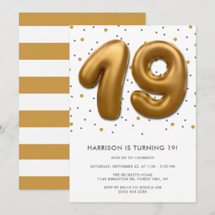 Modern Gold Foil Balloon 19th Birthday Invitation