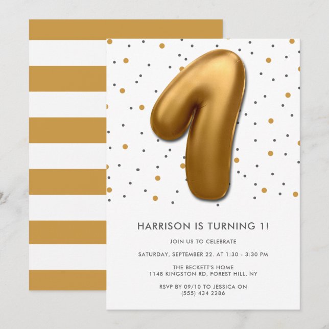 Modern Gold Foil Balloon 1st Birthday Invitation (Front/Back)