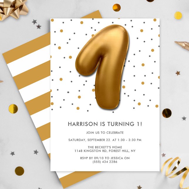 Modern Gold Foil Balloon 1st Birthday Invitation (Creator Uploaded)