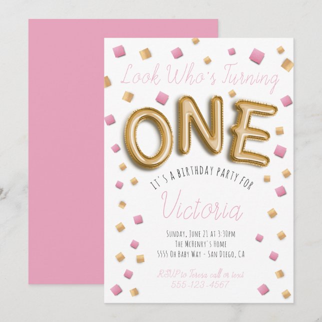 Modern Gold Foil Balloon 1st birthday Invitations (Front/Back)