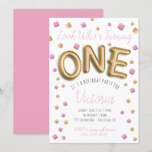 Modern Gold Foil Balloon 1st birthday Invitations